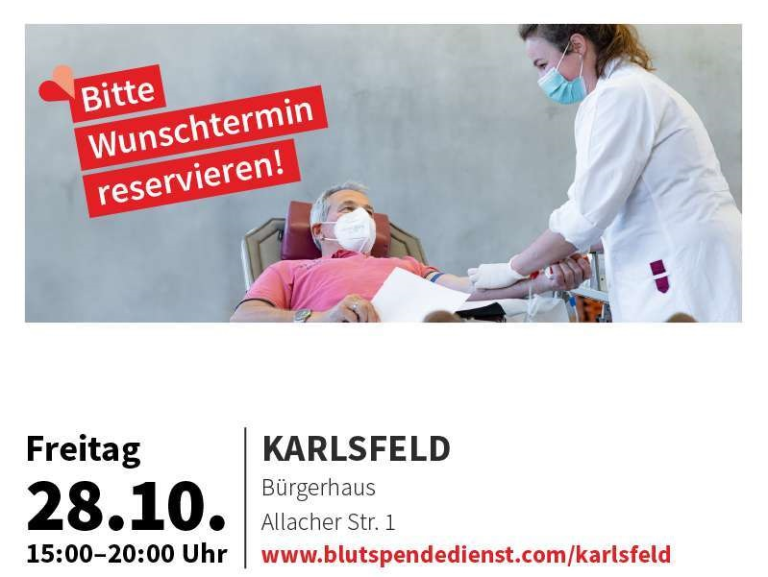 Nächster Blutspendetermin in Karlsfeld am 28.10.2022